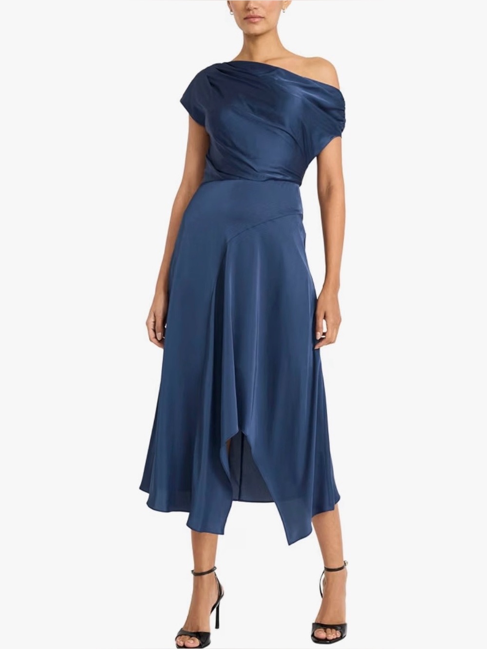 NWT Maggy London Asymmetrical Neck And Hem Navy Satin Midi Cocktail Dress, 10